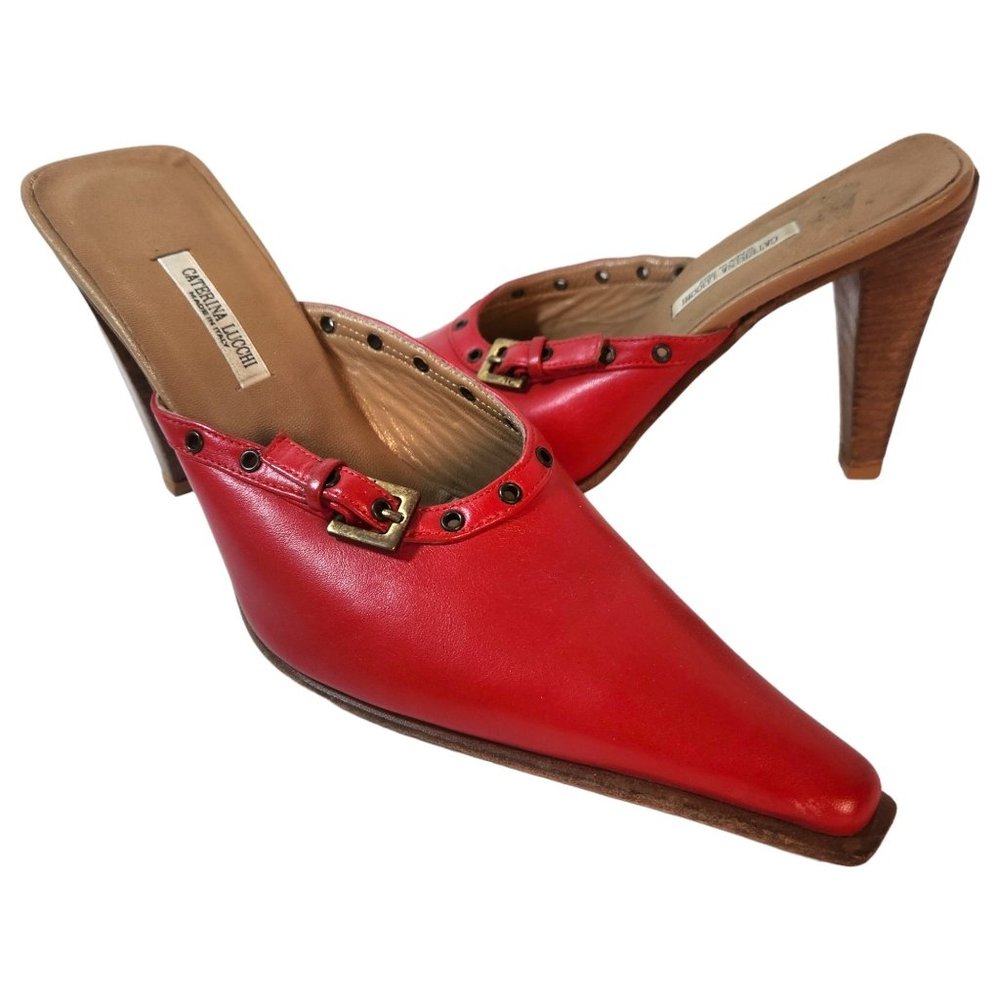 Caterina Lucchi Women's Red Leather Mules Buckle Detail Snip Toe Size 40 EU/9 US